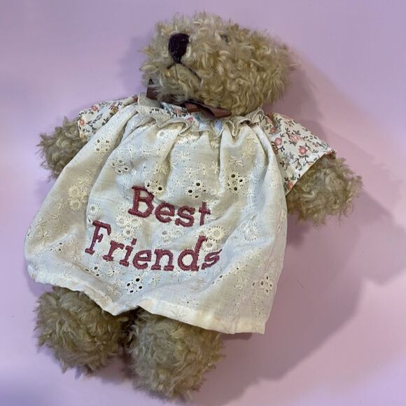 Beige/Tan Classic Curly Teddy Bear with Embroidered Dress w “Best Friends”8” EUC - Picture 3 of 7
